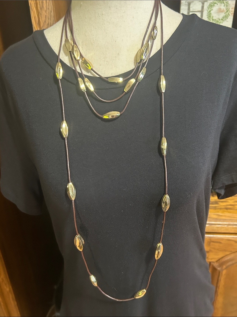 Gold Beaded Multi-Strand Leather Necklace Set of 2- Women Jewelry